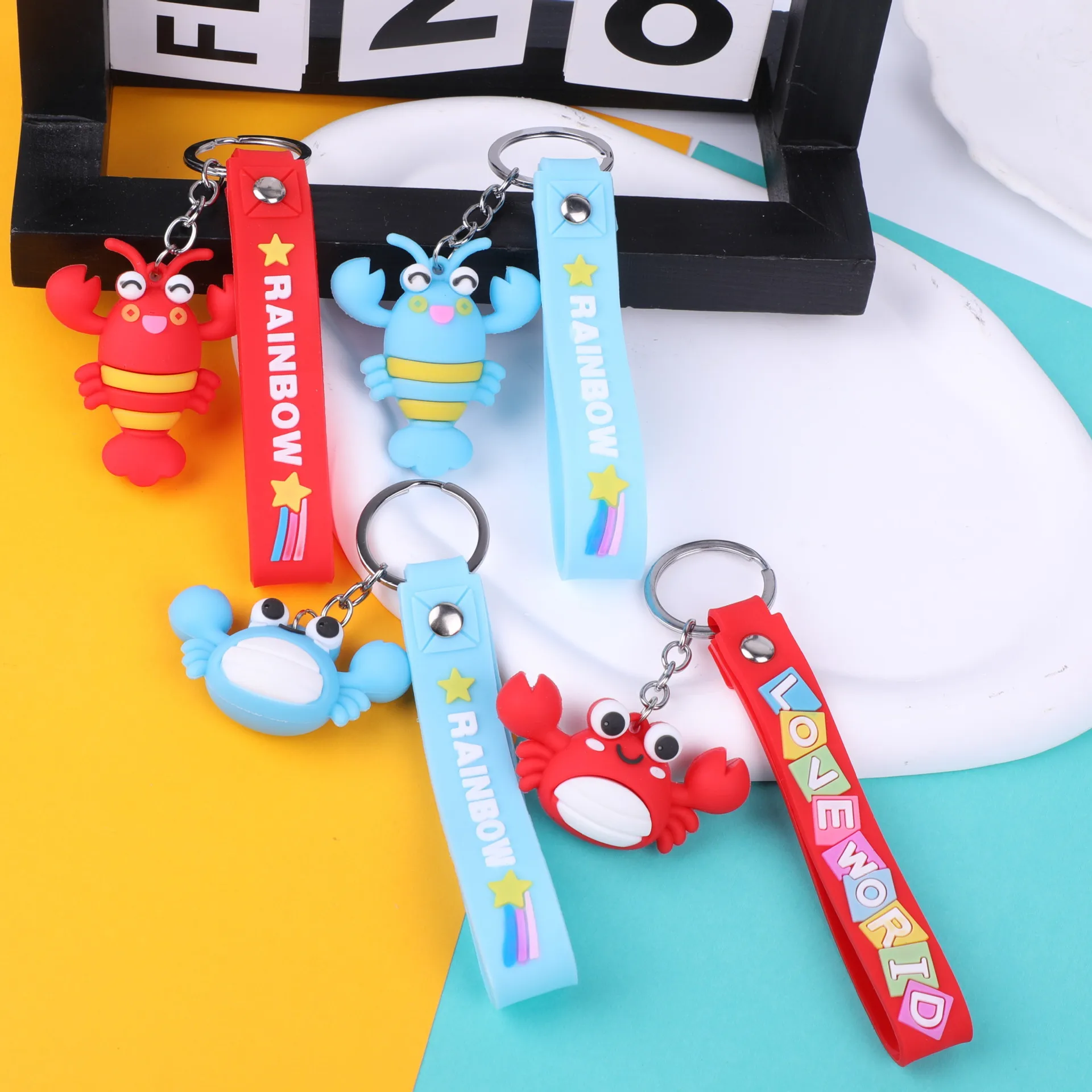 Cartoon ocean world keychain PVC lobster crab bag pendant car keychain hanging rope pendant Promotional Gift