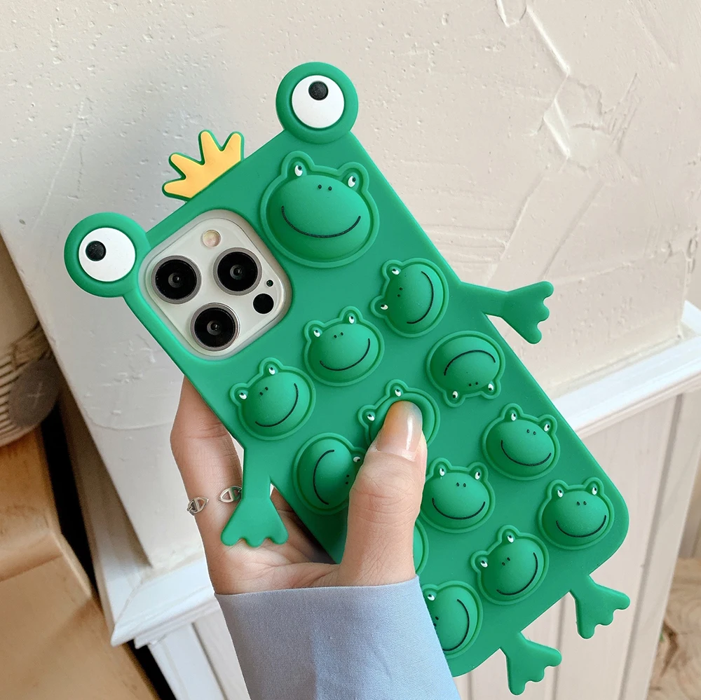 Novelty silicone 3d frog popit bubble sensory toy push poping case for iphone 6/7/8/X/11/12 series cover decompression toy