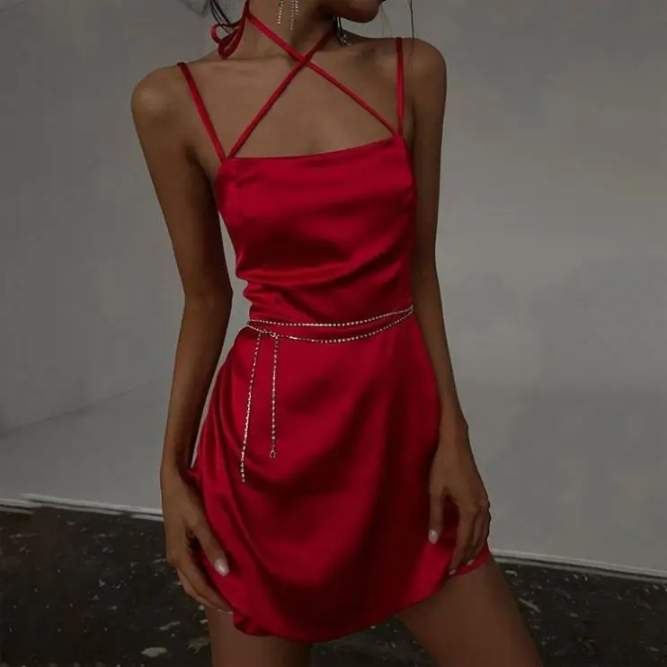 Solid Ruched Mini Red Satin Dress 2022 New Design Women Clothing Alia Online Shopping Glossy