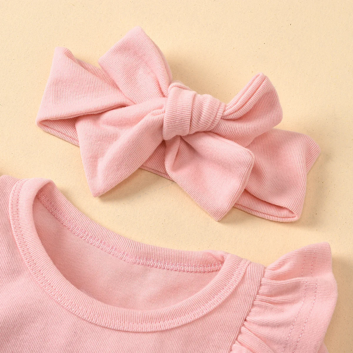Organic Cotton Infant Clothes Jumpsuit Pink Ruffle Bodysuit Long-Sleeve Plain Newborn Girls Rompers Baby Clothing Set With Pants