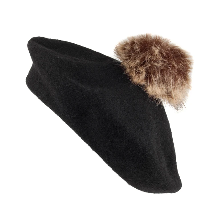 Wool Blend French Beret Girls Ball Hats Cap Custom Knit Beanie Winter Warm Beret Hat with Fur Pom Pom
