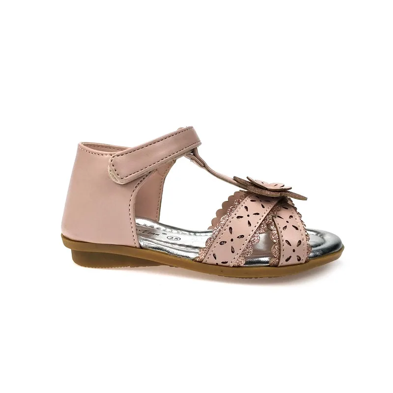 New Fashion children footwear laser engraving hollowed-out metal flower summer flat girl sandals