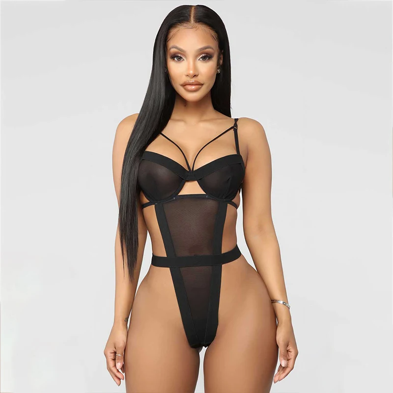 
2021 New Arrival Custom Black Mesh Knit Fitness Lace Deep V Neck One Piece Female Sexy Tops Body Suit For Women 
