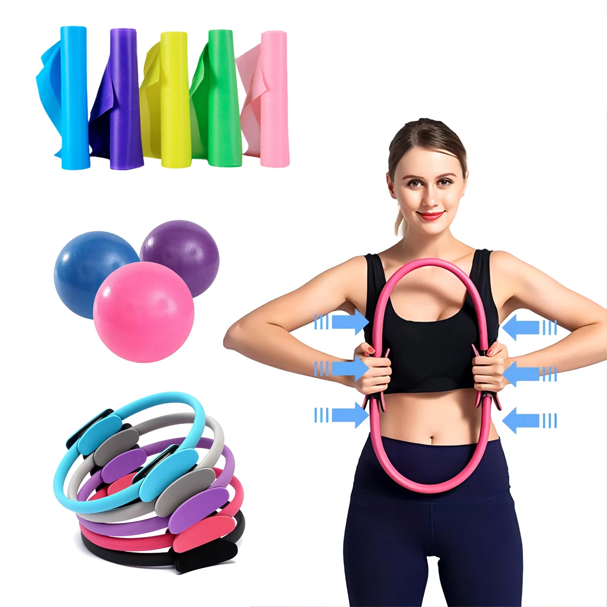 Home Exercise Portable Equipment Body Kit Gym Yoga Ball Stretching Band Resistance Band Yoga Circle Pilates Ring Fitness Set