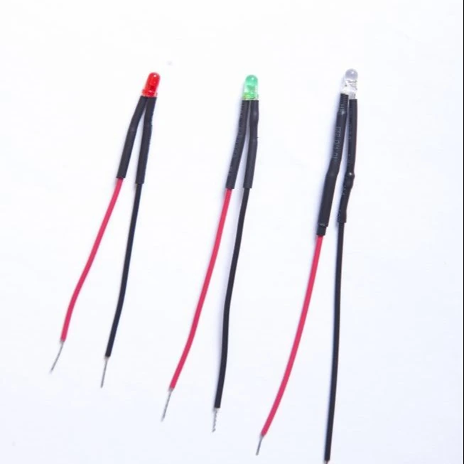 3mm diffused LED lamp with resistor, cable, sleeve