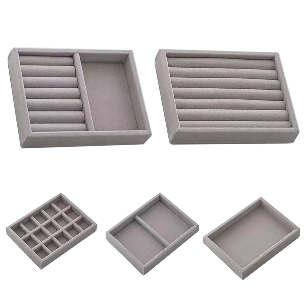 Velvet Gray Jewelry Display Tray Case Hot Sale Stackable Exquisite Jewellery Holder Portable Ring Earring Necklace Organizer Box