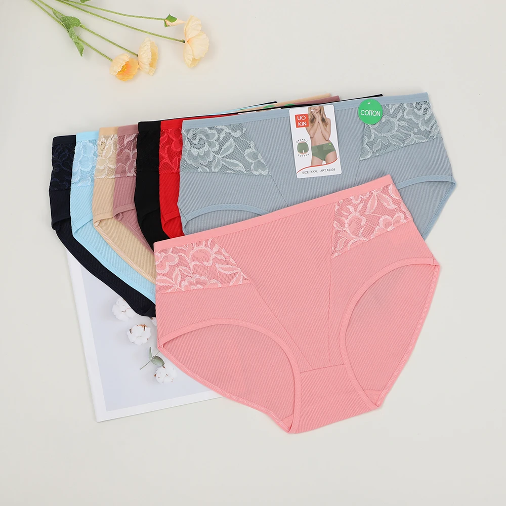 UOKIN 2024 Ribbed cotton lace sexy big hips panties mature lady women beautiful lace panties in dozen sale solid color