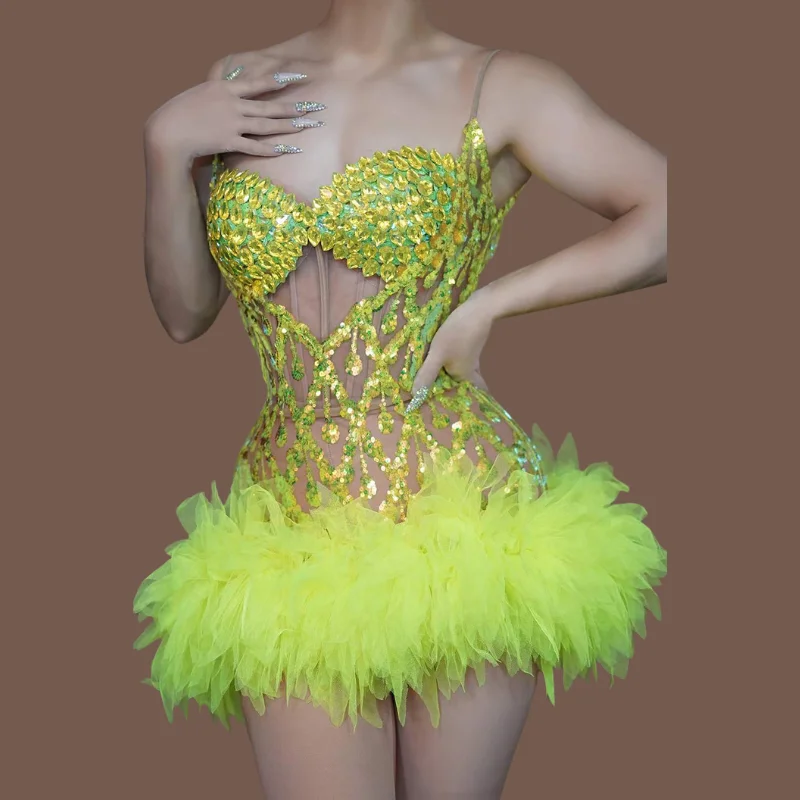 Ocstrade Sparkly Sequin Party Club Dress Spaghetti Strap Mesh Design Performance Mini Dress With Crystal For Birthday Party