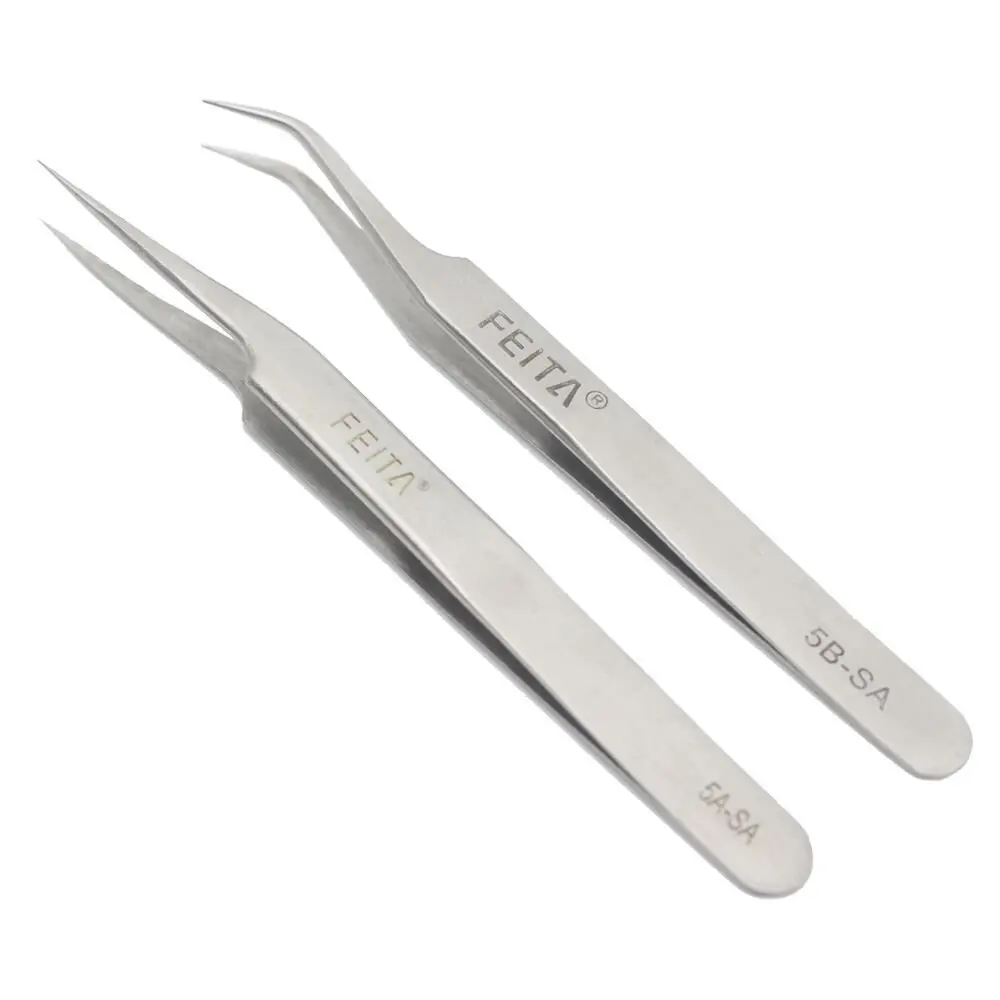 FEITA Professional Stainless Steel Angled curved Pointy Precision Tweezers picking up single hear and eyelash