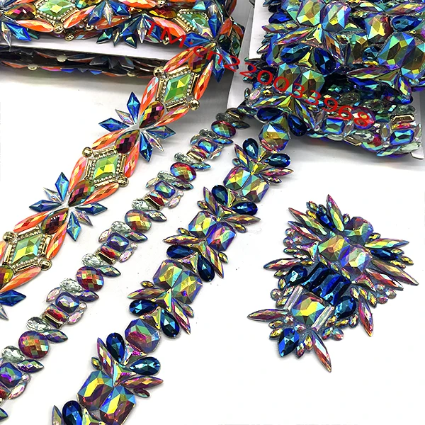 Custom Garment Accessories Diamond Colored Hot fix Rhinestone Banding Chain Sewing Trim Iron On Patch Bulk For Clothes Bag Shoes
