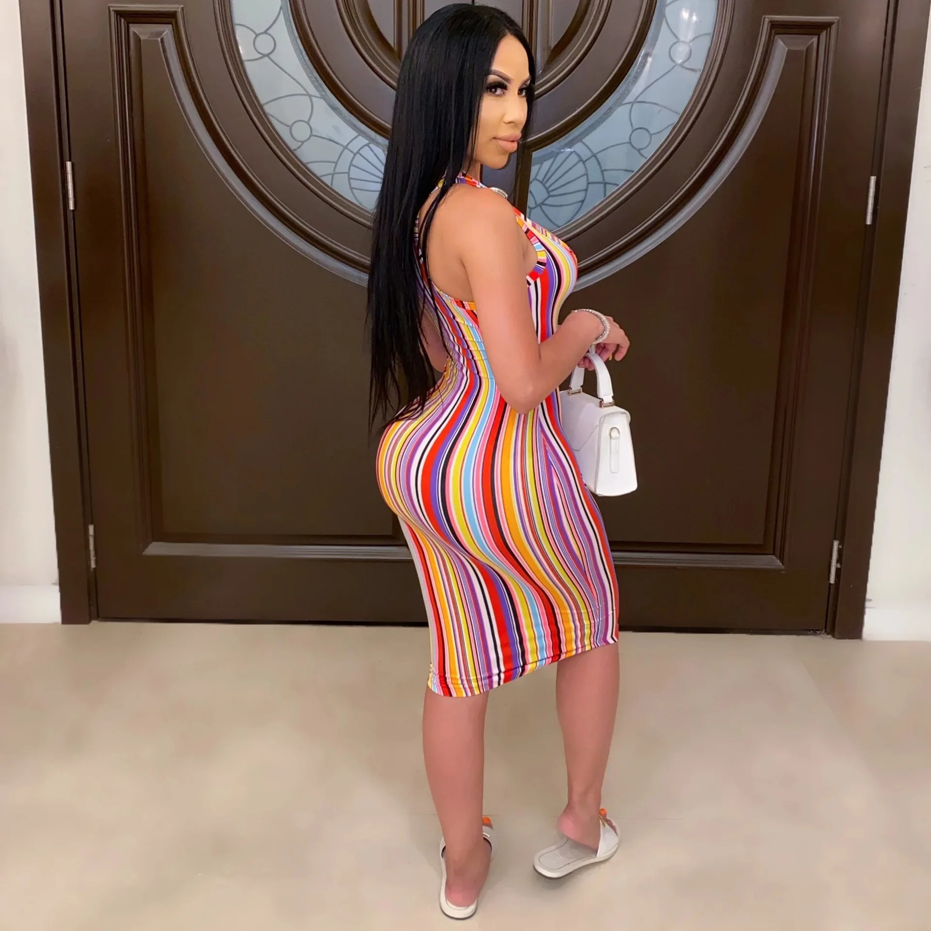 
CA2069A designer women famous brands clothes sleeveless women summer dresses bodycon Striped print dress womens clothing 