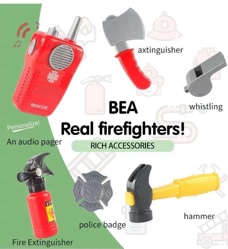 Educational Pretend Play Toys Roleplay Fireman Rich Accessories Simulated Audible Pager Extinguisher Fire Tool Kit Set Kids