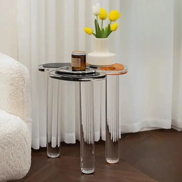 Colored acrylic side table with modern personalized design, organic glass coffee round table, bedroom customizable