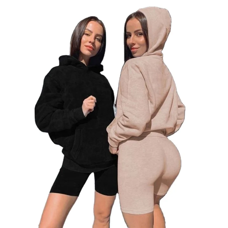 
J Wholesale Spring New Clothes 2021 Tracksuit Hoodie And Biker Shorts Cozy Jogger Suit Work Out 2 Piece Pants Set For Women 
