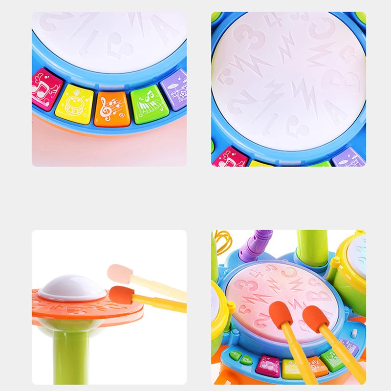 Electronic Musical Instruments Toys, 2 Drum Sticks Beats Flash Light Adjustable Microphone Kids Drum Set//