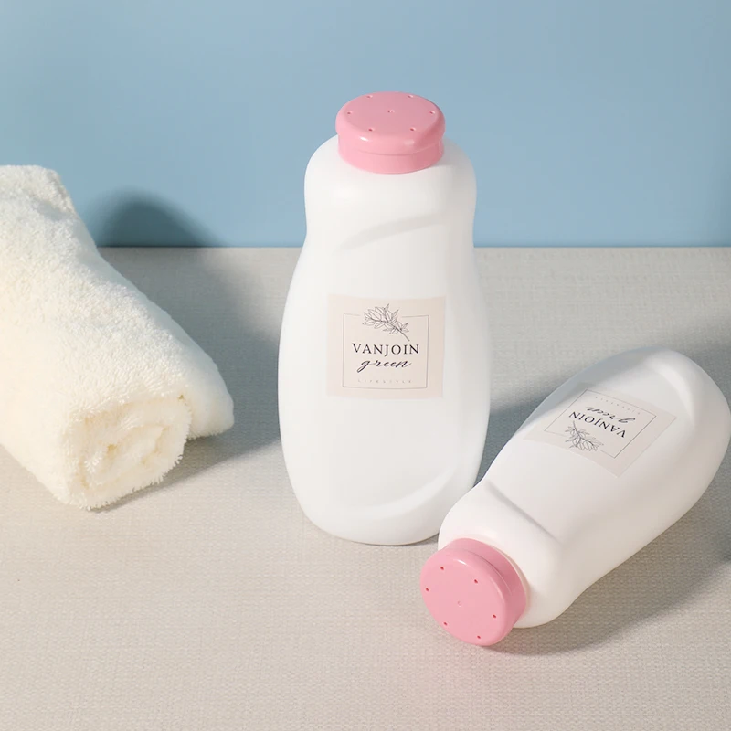 Good quality pink lid 200ml empty compact baby care jar plastic talc powder container bottle