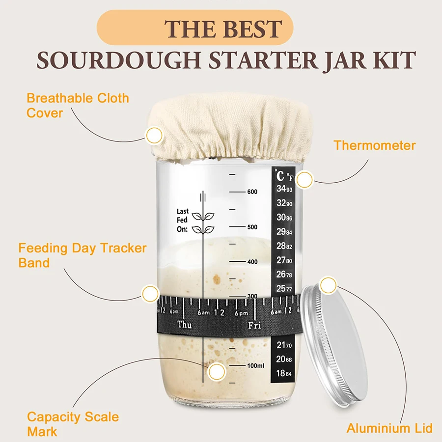 Thermometer Scraper Container Sewn Cloth Cover Metal Lid Starter Kit Sourdough Starter Jar With Date Marked Feeding Band