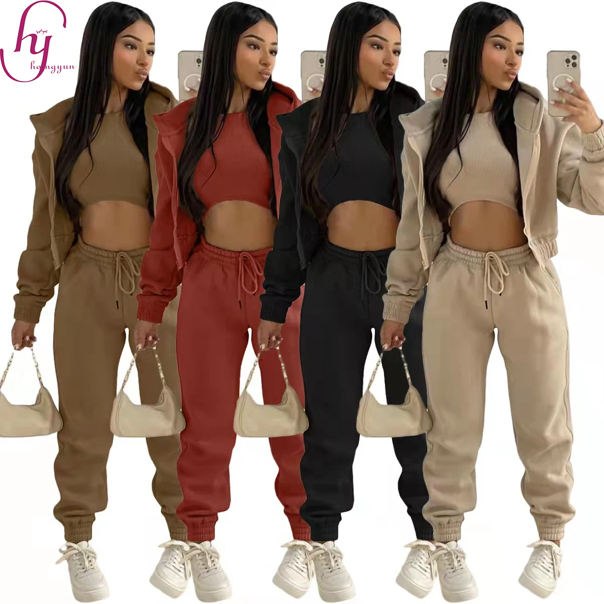 2022 new arrival autumn women clothing plus velvet sweater women 3 pieces sets sport casual pocket hooded tracksuit set