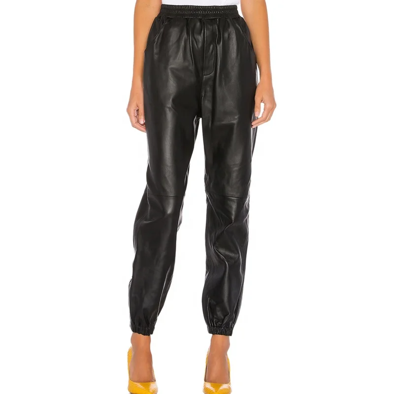 Custom made women & ladies black pu leather or genuine leather jogger pants dongguan manufacturer