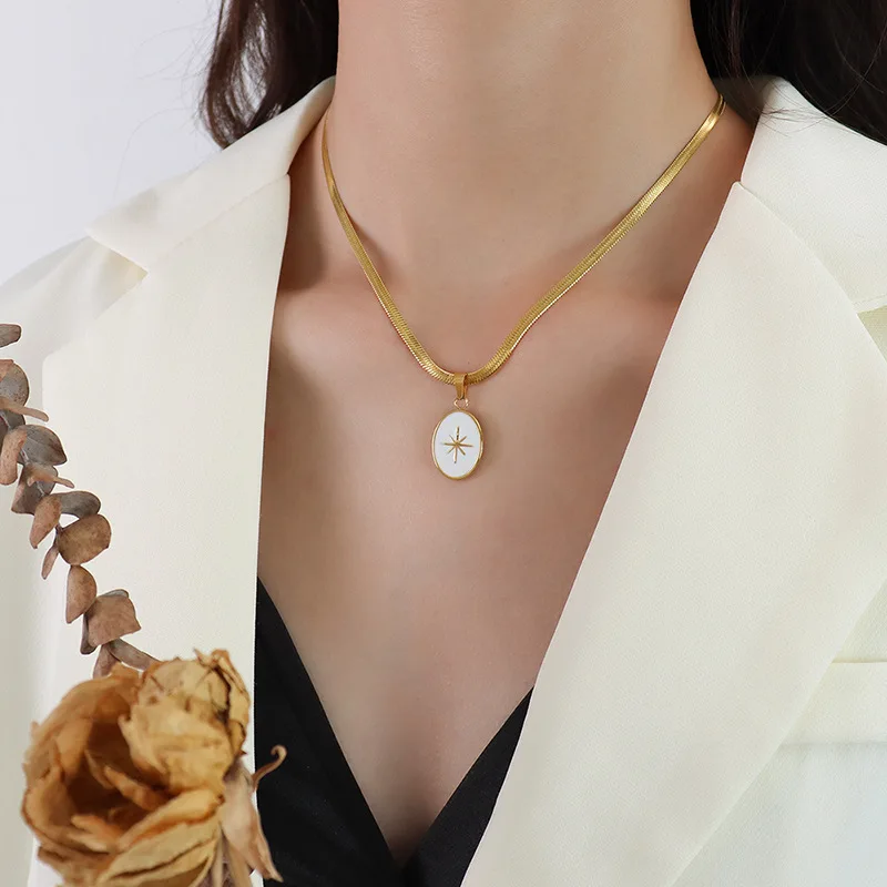French Drip Oil Pendant Flat Snake Chain Octagonal Star Necklace, 18K Gold Plated Pendant Collarbone Snake Chain Necklace