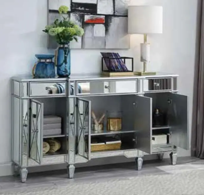 Заводской высококачественный Блестящий серебряный зеркальный шкаф для дома с измельченными бриллиантами