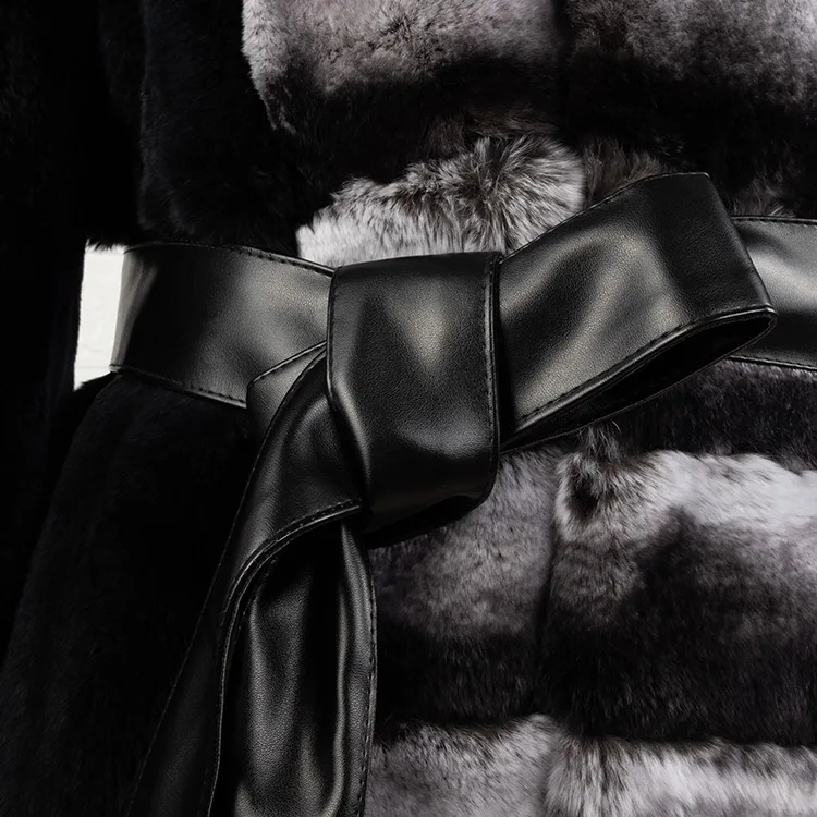 wholesale dyed chinchilla fur coat with belt black color long real rex rabbit fur coat for women