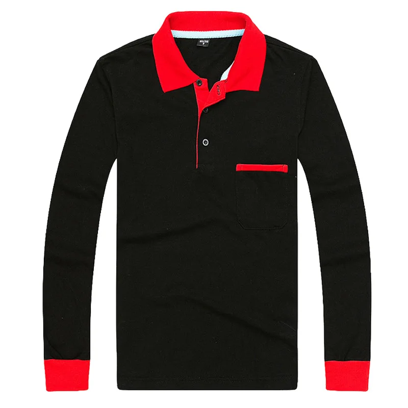 Оптовая продажа, мужская летняя футболка-поло с карманом, черная рубашка-поло с красным воротником, высококачественные рубашки-поло