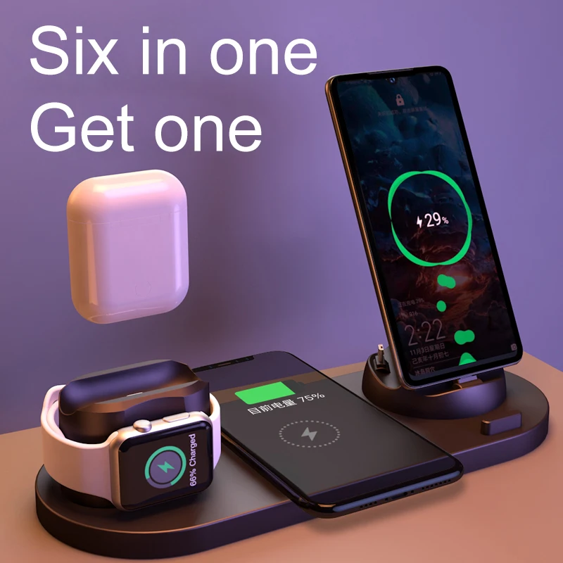 
6 in 1 Wireless Charging Dock For Iphone Apple Watch For Airpods Charging Stand for iPhone For Android Phones Support QI Charger 