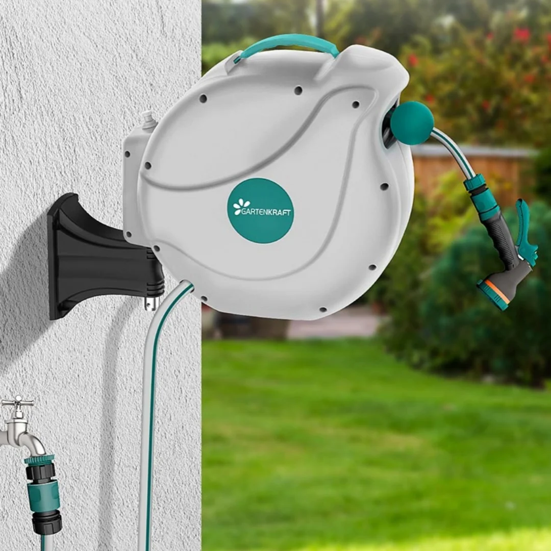 Wall Mounted Garden Hose Reel with 10- Function Sprayer Nozzle Any Length Lock and Slow Return for watering Garden