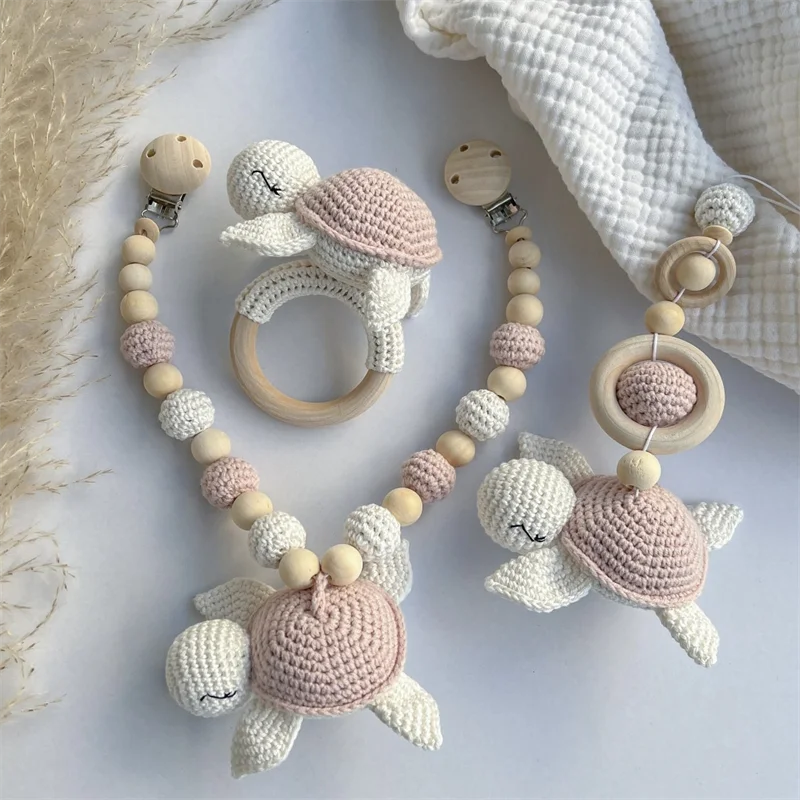 Set Turtle In Pink With Stroller Chain Pendant For Baby Seat Grasping Toy Birth Gift Baby Toy Wooden Baby Shower Gift