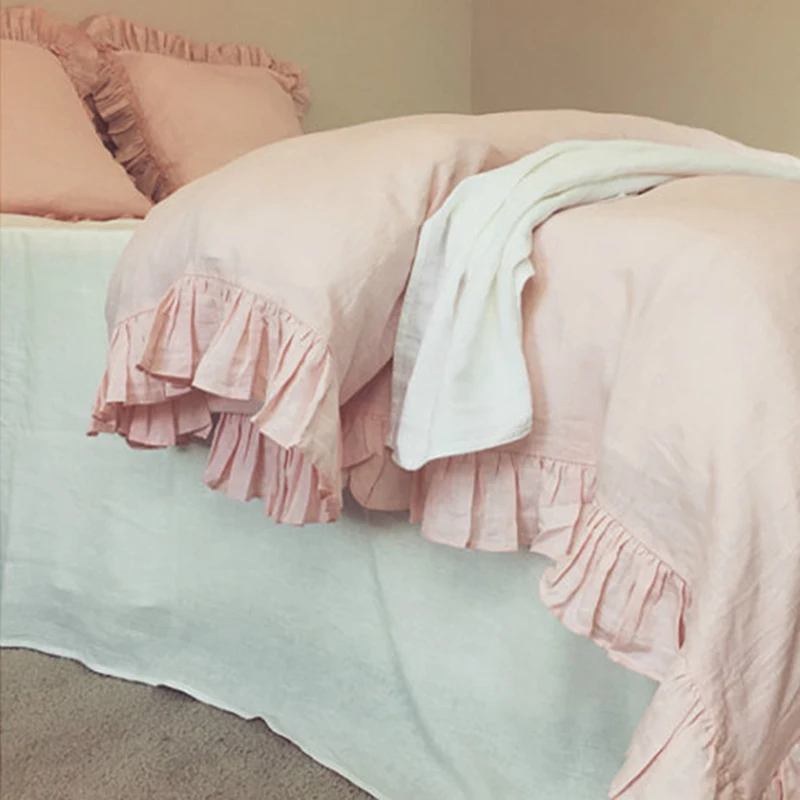 Hot Sale Bed Linen 100% Pre Washed Pure Linen Quilt Duvet Cover Princess Bed Sheet Bedding Sets With Lotus Leaf Edge