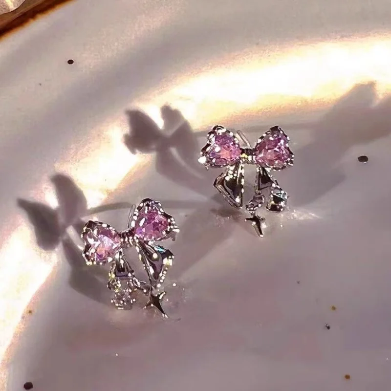 2023 New Korean Style Exquisite Pink Zircon Bowknot Stud Earrings for Women Girls Sweet Star Pendant Earring Jewelry
