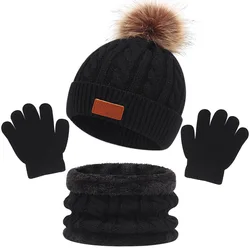New Scarf with Baby Beanie Thicken Warm Knitted Kids Hat Cute Winter Ball Hats set