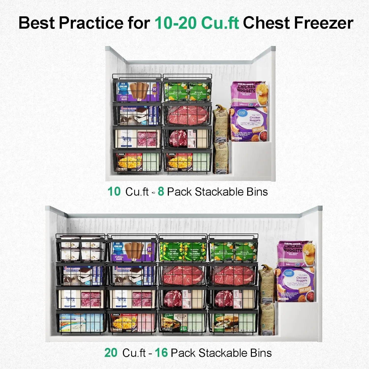 Large Expandable Stackable Deep Freezer Organizer Bins Sort and Easily Get Food with Handle
