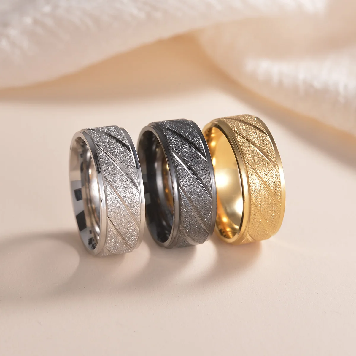 Fashion 8mm Twill Matte Surface Men Rings simple design cheap striped Stainless Steel Twill Scrub Rings For Men Women