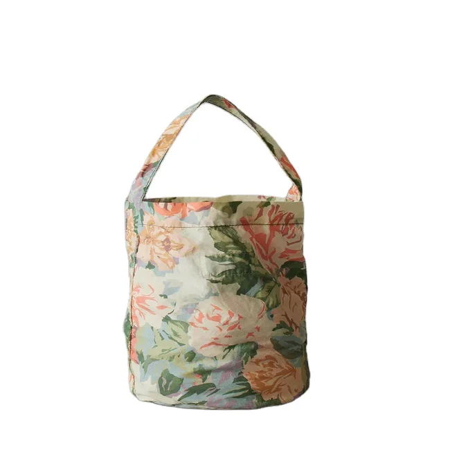 Good quality colorful logo printing Garden Floral Waxed Cotton Bucket Bag