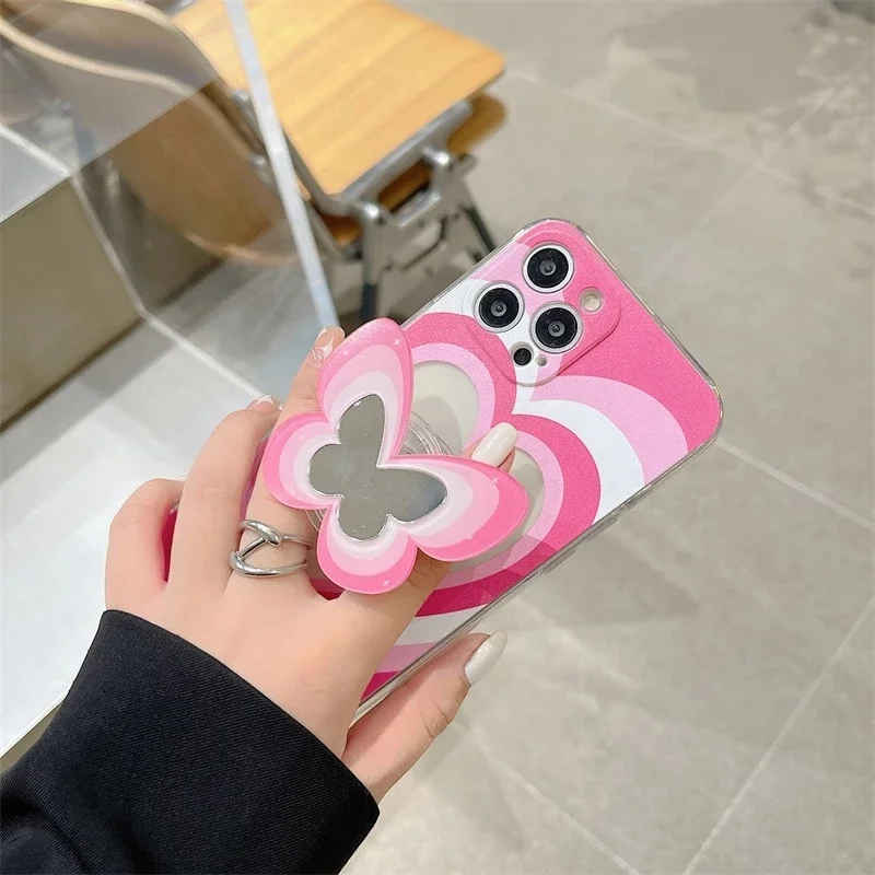 Pink Love Heart Holder Stand soft clear phone case for iPhone 13 11 12 Pro Max XR X XS Max 7 8 Plus Mirror Cute Butterfly Cover