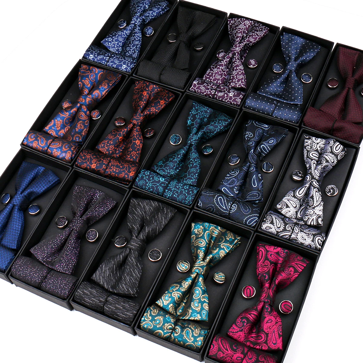Wholesale Paisley Men Bow Tie GIft Set Black Bowties For Men Wedding Party Bow Tie And Pocket Square Box Sets