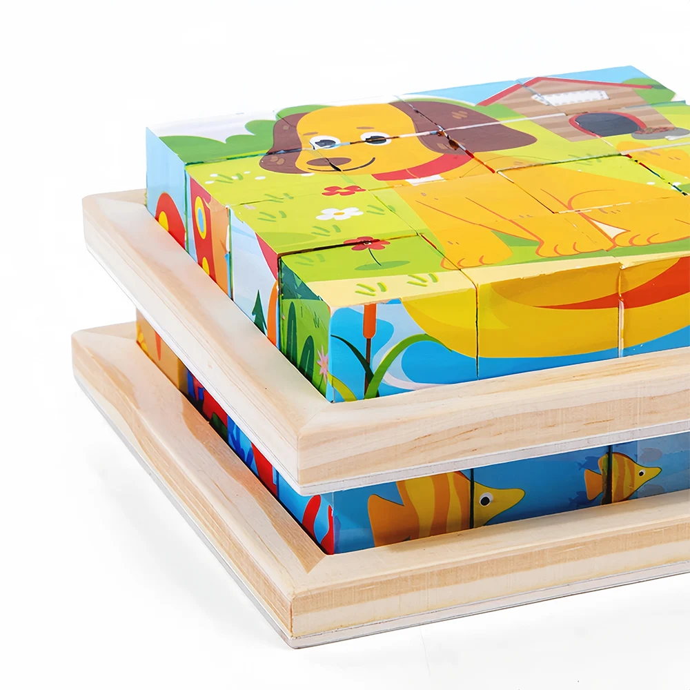 16-Piece Unisex 3D Puzzle Cube 6-in-1 Farm Animal Dino Jungle Wooden Block Tray Cartoon Toy Children Aged 3+ Years Box Packaging