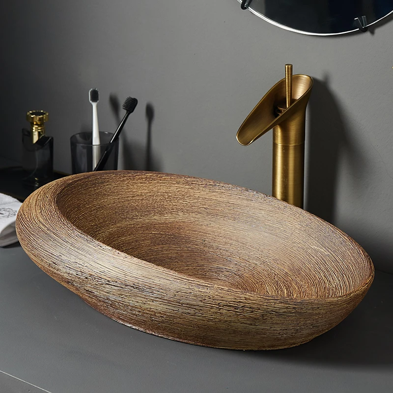 LJ24-066-074 Ceramic Bathroom Vessel Sinks Washbasin Oval Grain Wood Color Bathroom Retro Wash Basin