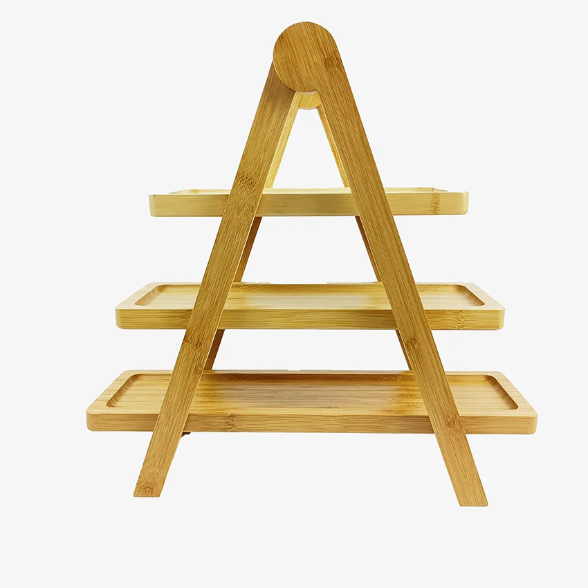 Customized Farmhouse Cake Ladder Tray 3 Tier Serving Tray Stand Restaurant Wood Plate Foldable Bamboo Kitchen Accessories Passed