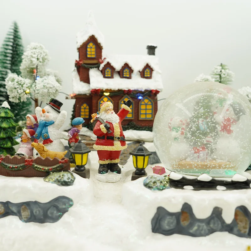 KG Xmas Resin Crafts Noel Navidad Natale Prelit Resin House Village USB Operated Musical Christmas Village With Snow Globe