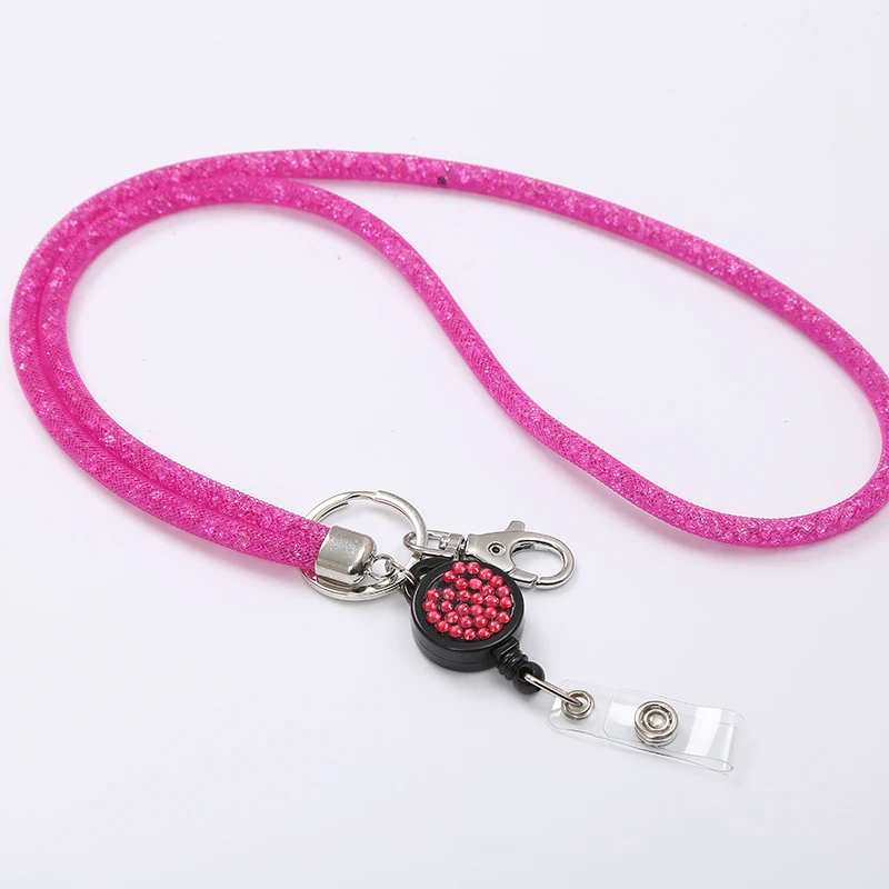 RHINESTONE CRYSTAL LANYARD AND LEATHER ID BADGE HOLDER FOR PHOTO ID CARDS