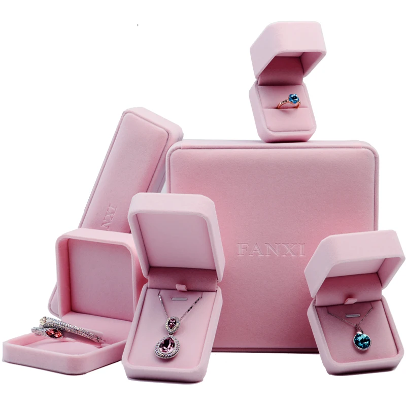 FANXI factory soft pink embossed logo velvet jewelry cases box for packaging