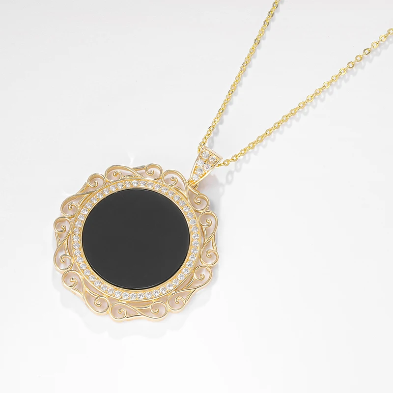 Brilliant Real 14K Solid Gold Pendant CZ Stones Halo Cubic Zirconia Black Onyx Circle necklace with 925 Silver Link Chain
