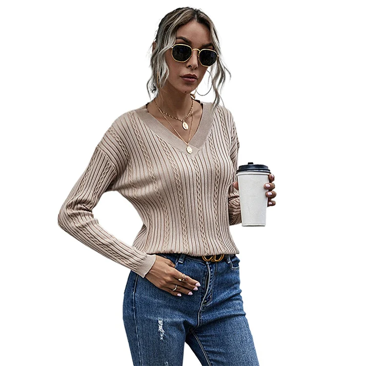 2021 autumn/winter middle-aged women sweater V-neck sweater slim fitness fuzzy knit cable custom sweater top