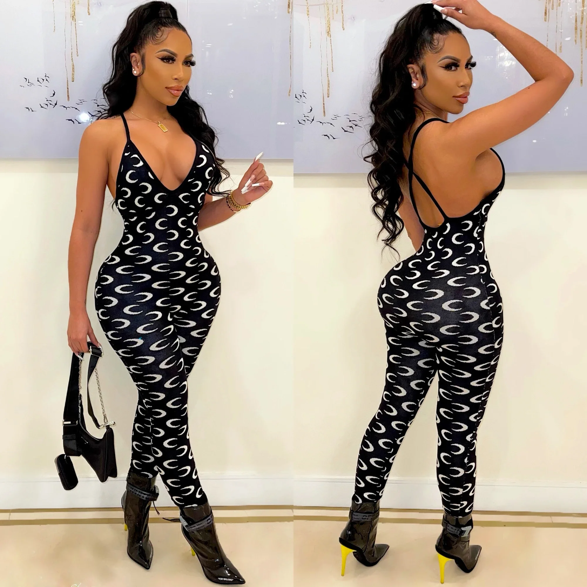 Innovative products sexy deep v-neck  women fashion clothes floral print jumpsuits and rompers low-cut sling jumpsuit