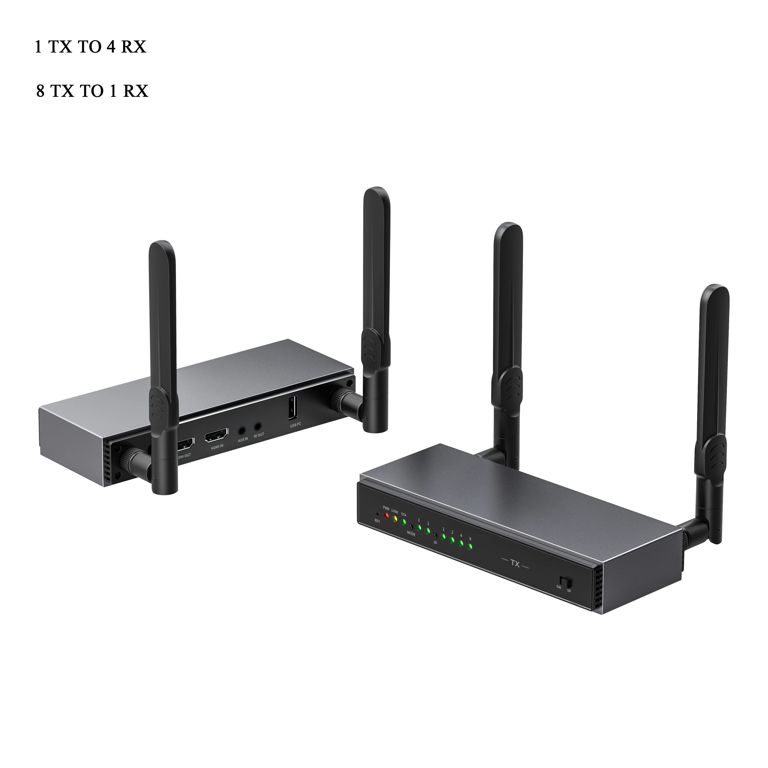200m MAX 1 Transmitter to 4 Receivers 1x4 OR 8 Transmitters to 1 Receive 8x1 Wireless HDMI Video Extender with KVM and Remote