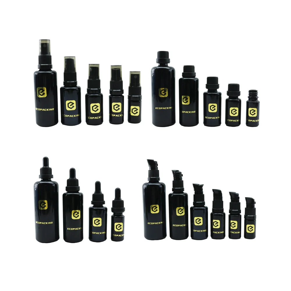 Cosmetic 5ml 10ml 15ml 20ml 30ml 50ml 100ml 200ml uv black glass dropper essential oil bottles glass spray pump bottle