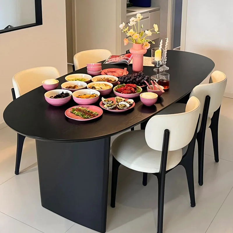 Nordic black solid wood dining table antique style quiet wind small household oval dining table natural wood negotiation table